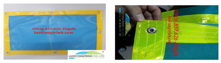 Hình ảnh Lưới PVC may viền bạt phản quang và bạt simily không phản quang, bấm khuy